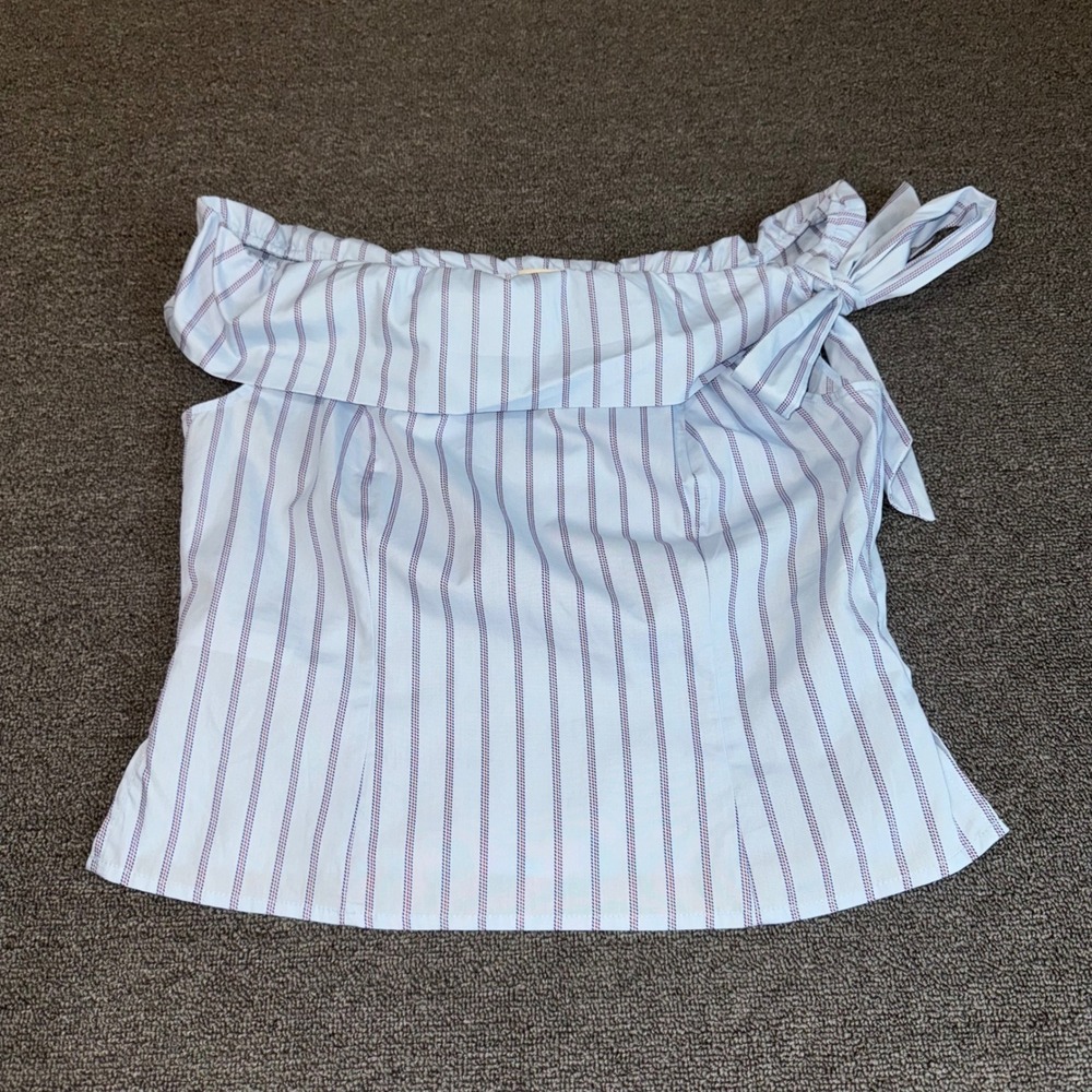 Francesca's Blue Striped Off Shoulder Bow Top Cotton Blouse Large Coastal Wear - Picture 9 of 9